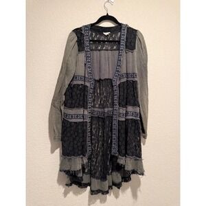 POL Layered Lace Tiered Ruffle Tunic topper open front Cardigan Gray Black Sz M